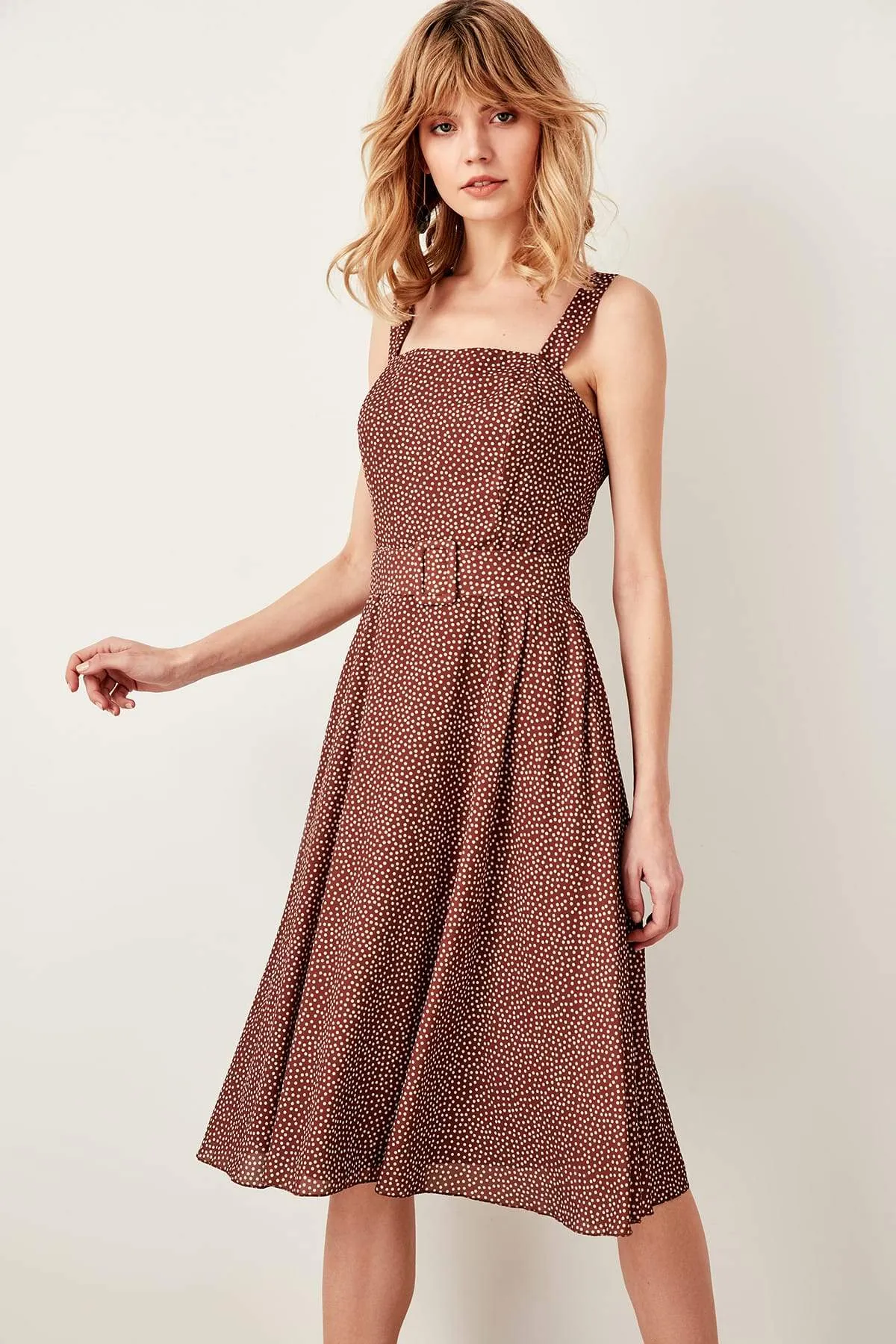 10900 Brown Belted Polka Dot Dress