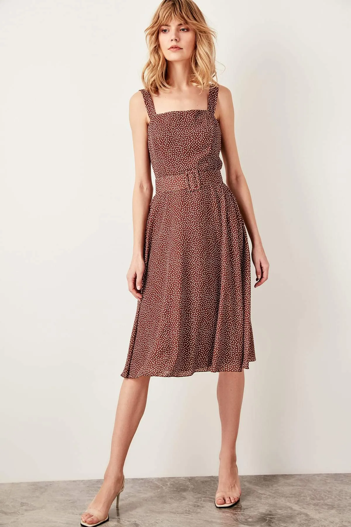 10900 Brown Belted Polka Dot Dress