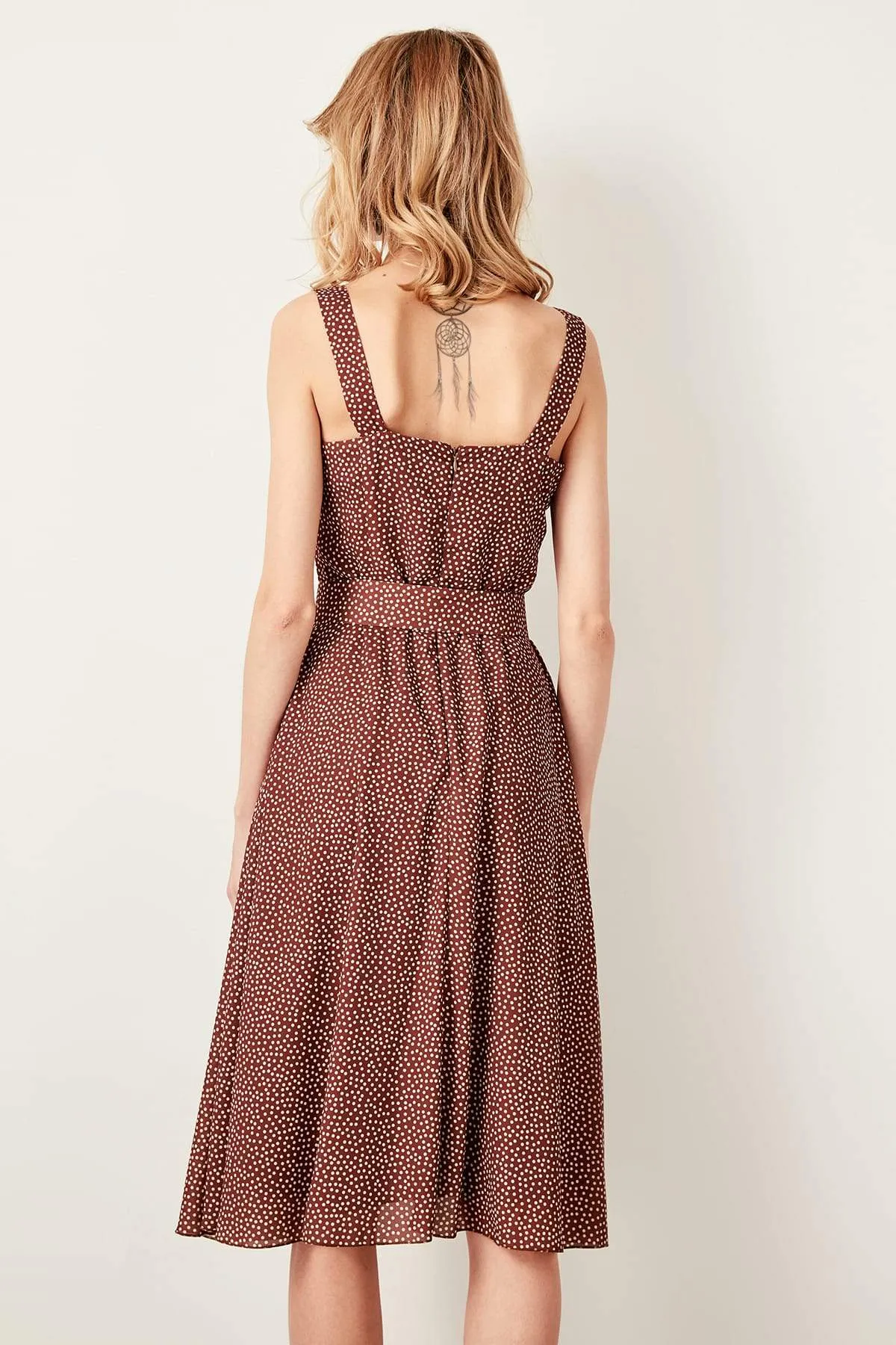 10900 Brown Belted Polka Dot Dress