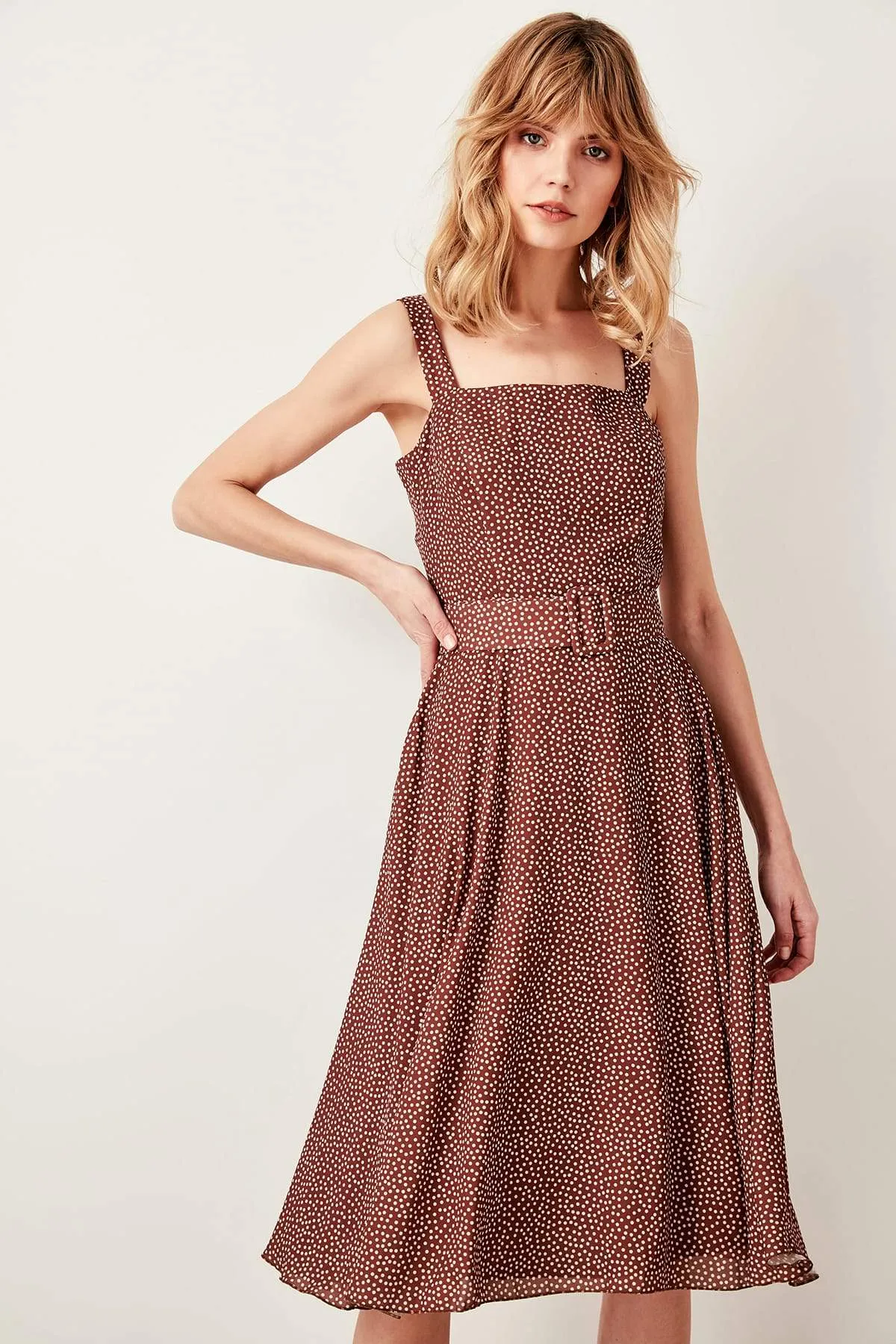 10900 Brown Belted Polka Dot Dress