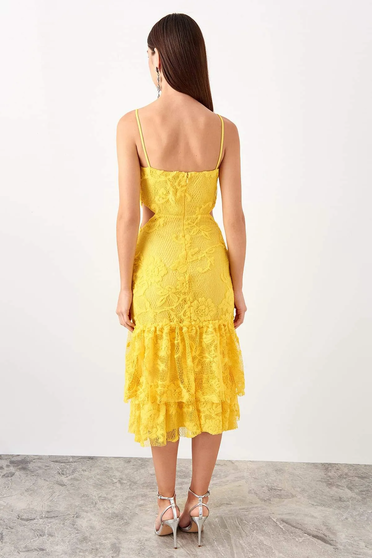 11693 Yellow Cutout Waist Lace Dress