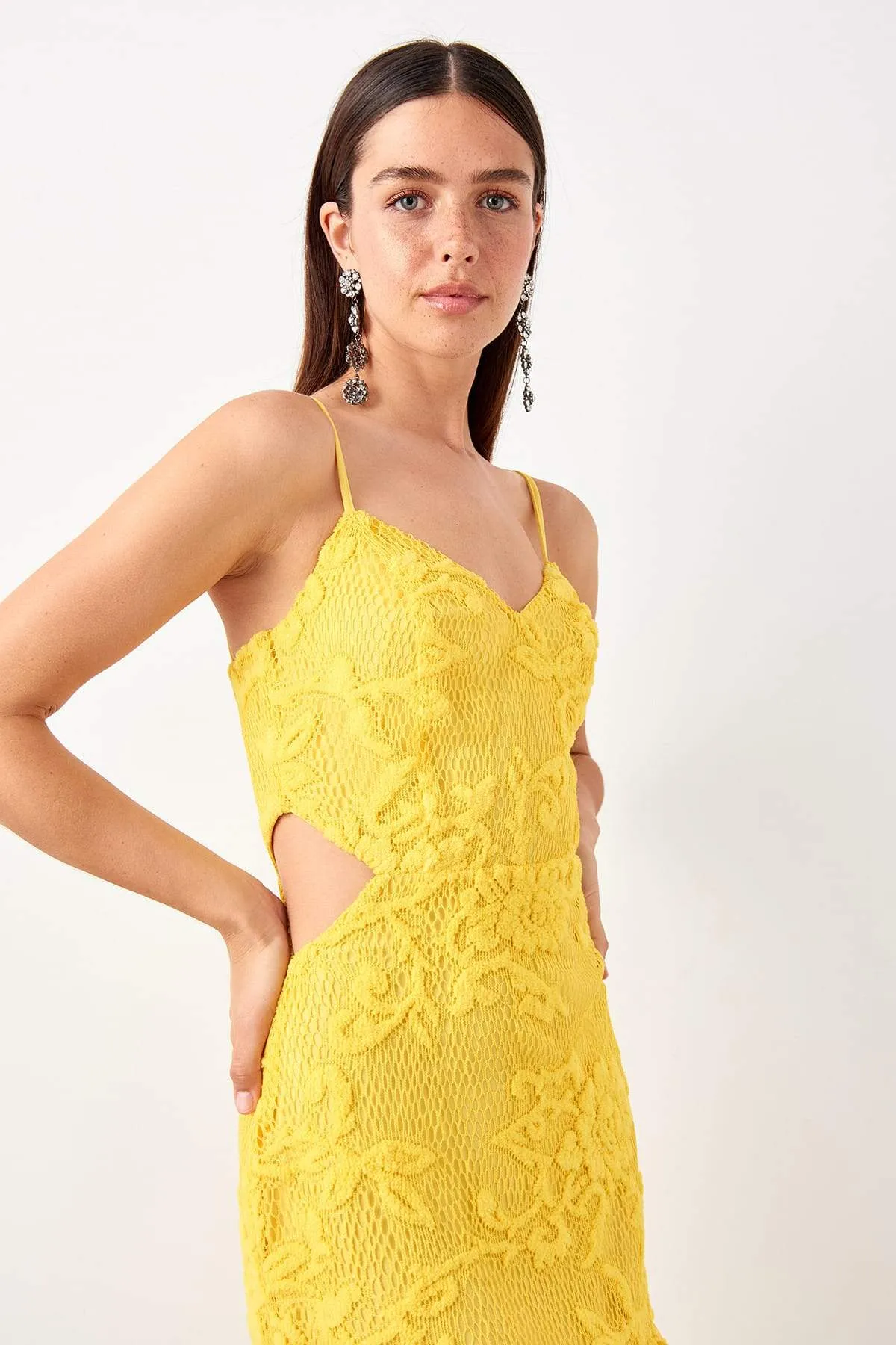 11693 Yellow Cutout Waist Lace Dress