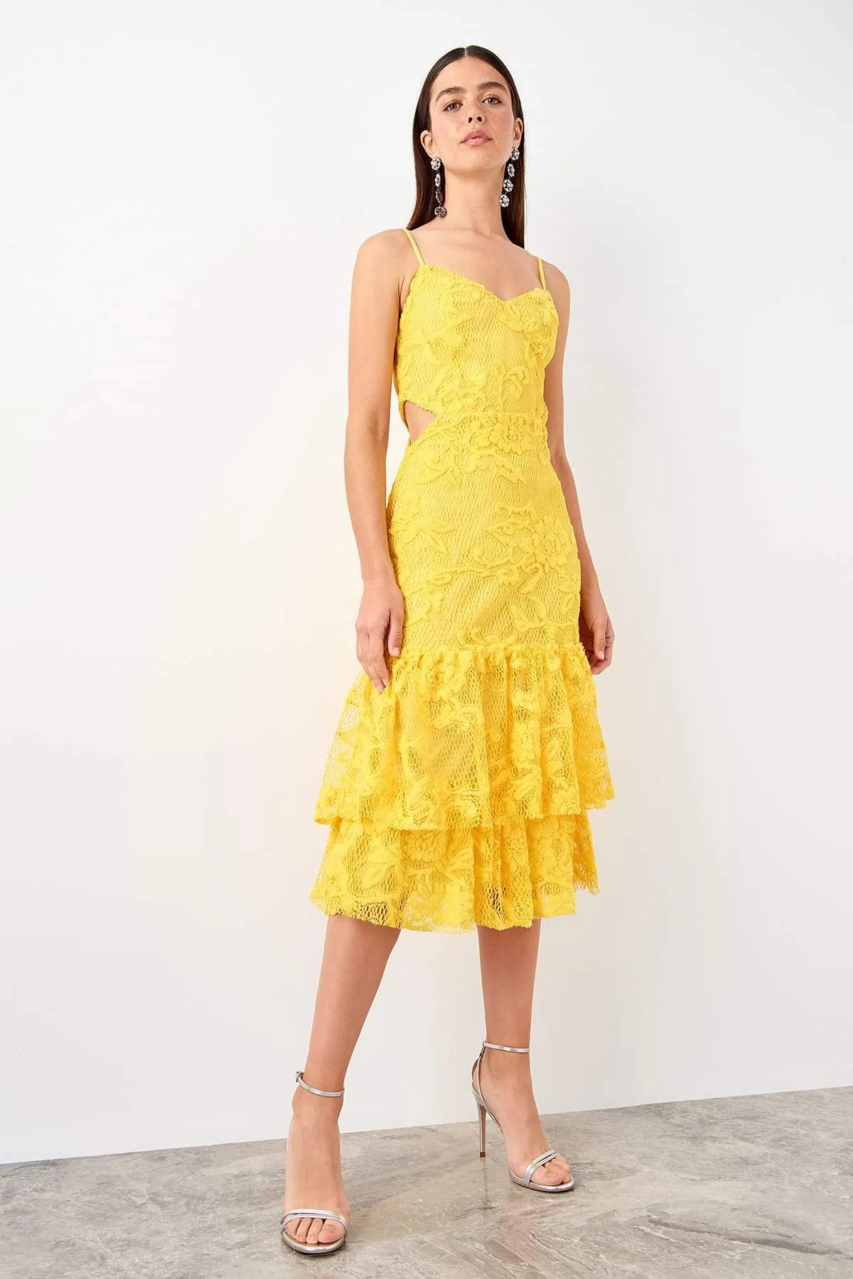 11693 Yellow Cutout Waist Lace Dress