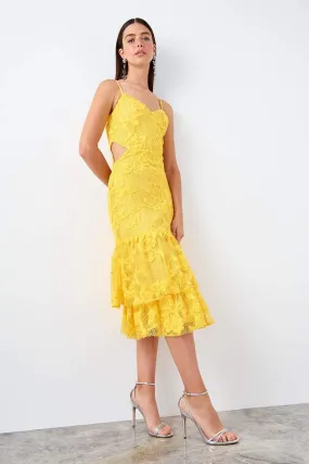 11693 Yellow Cutout Waist Lace Dress