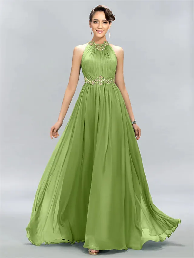 A-Line Wedding Guest Dresses Maxi Dress Party Wear Floor Length Sleeveless Halter Chiffon with Ruched Appliques