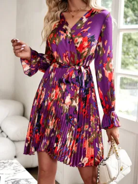 Abstract Print Pleated Dress: V Neck, Ruffle Cuffs, Belted Design!