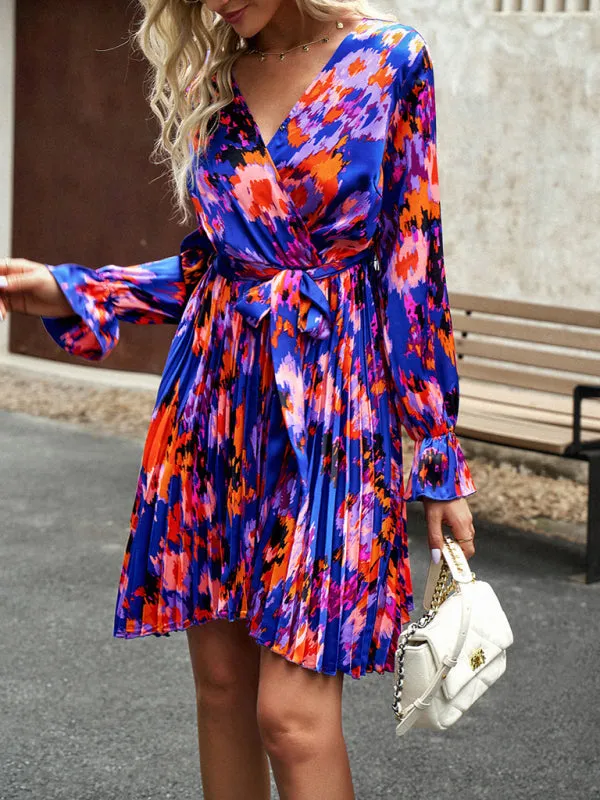 Abstract Print Pleated Dress: V Neck, Ruffle Cuffs, Belted Design!