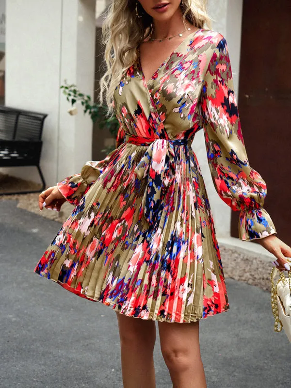 Abstract Print Pleated Dress: V Neck, Ruffle Cuffs, Belted Design!