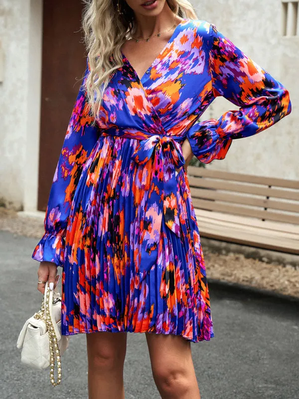 Abstract Print Pleated Dress: V Neck, Ruffle Cuffs, Belted Design!