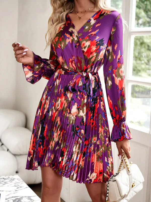 Abstract Print Pleated Dress: V Neck, Ruffle Cuffs, Belted Design!