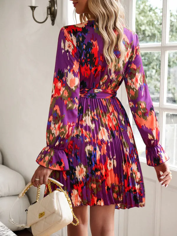 Abstract Print Pleated Dress: V Neck, Ruffle Cuffs, Belted Design!