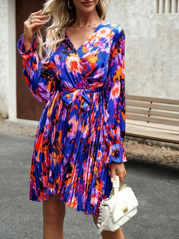 Abstract Print Pleated Dress: V Neck, Ruffle Cuffs, Belted Design!