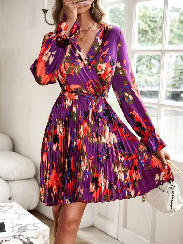 Abstract Print Pleated Dress: V Neck, Ruffle Cuffs, Belted Design!