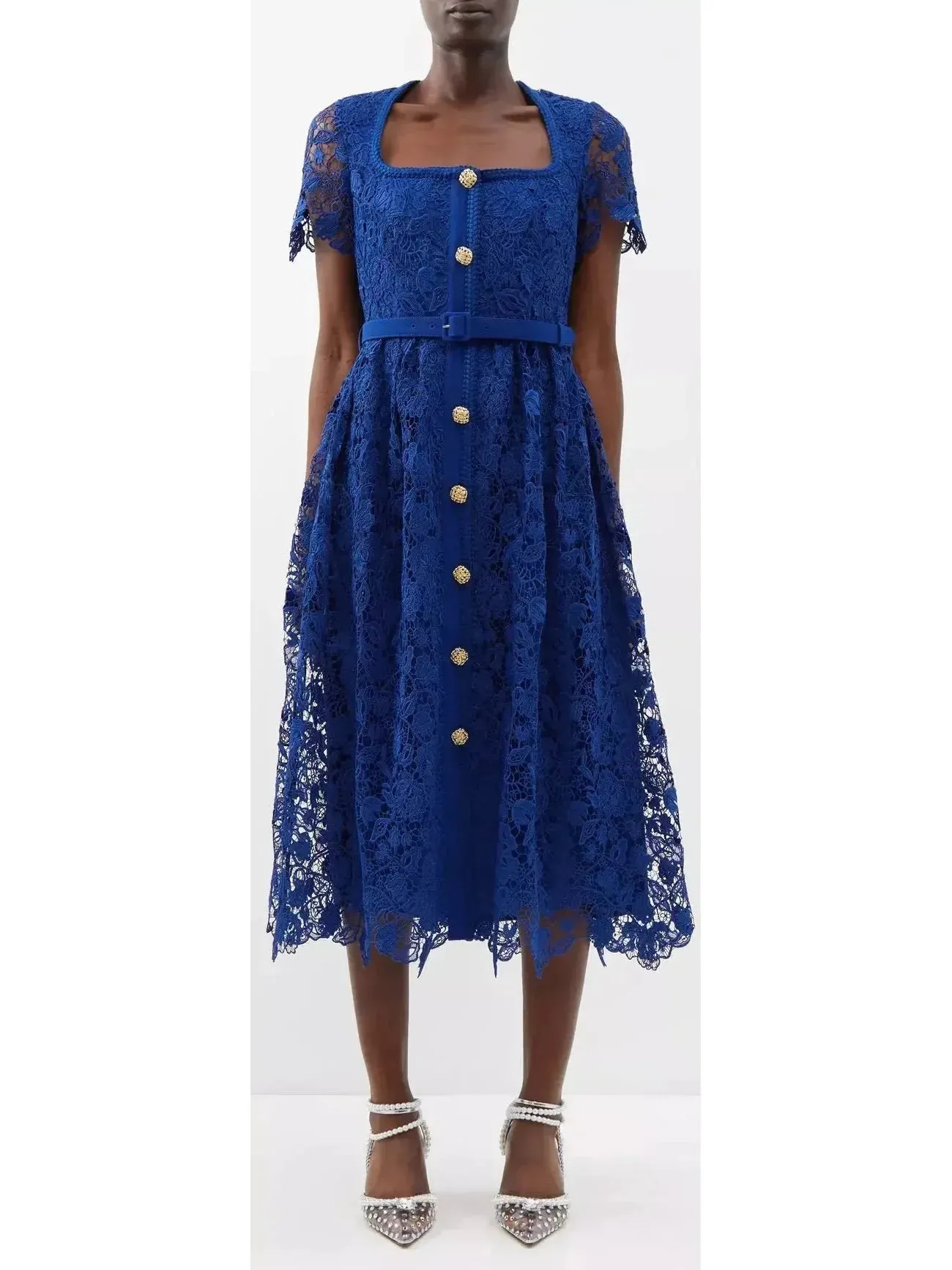 Belted Guipure-Lace Midi Dress, Blue