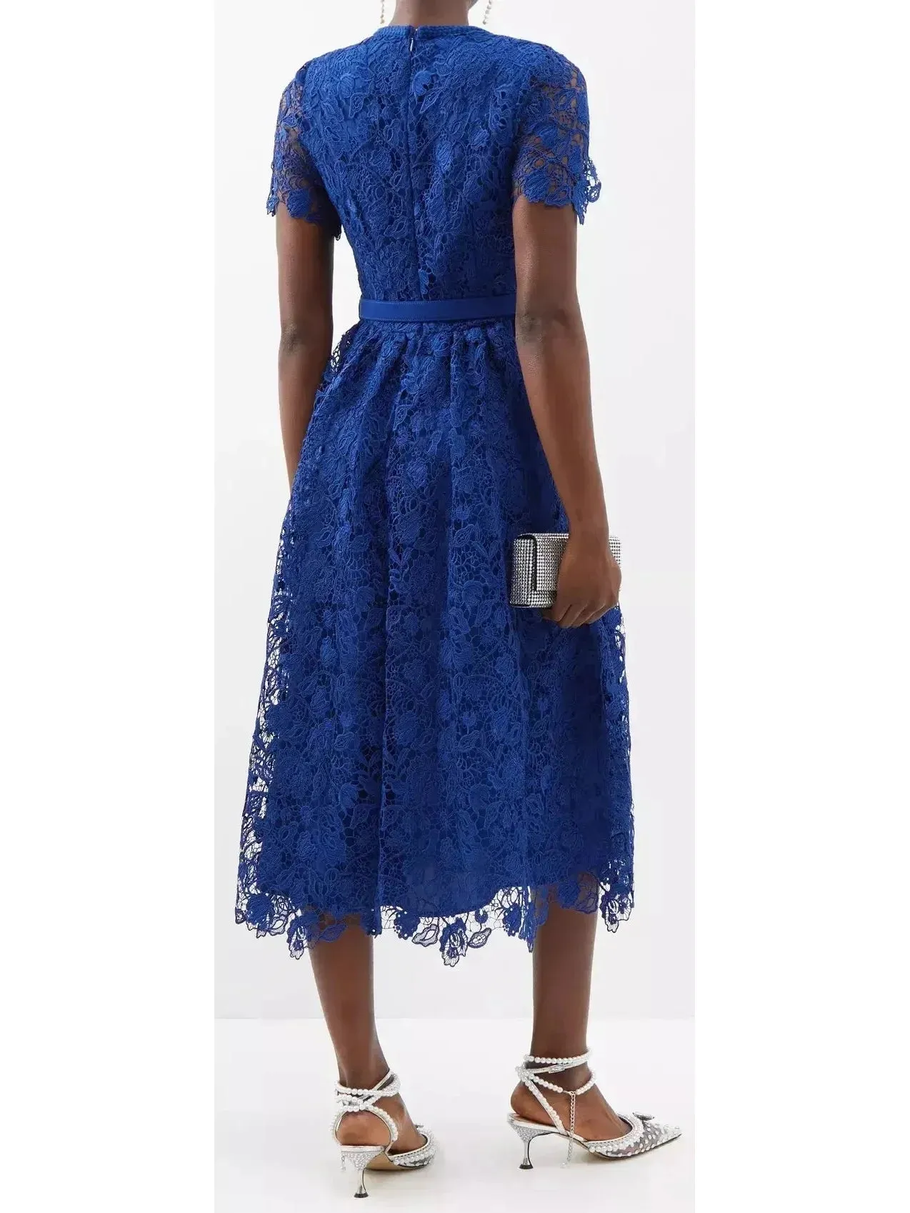 Belted Guipure-Lace Midi Dress, Blue