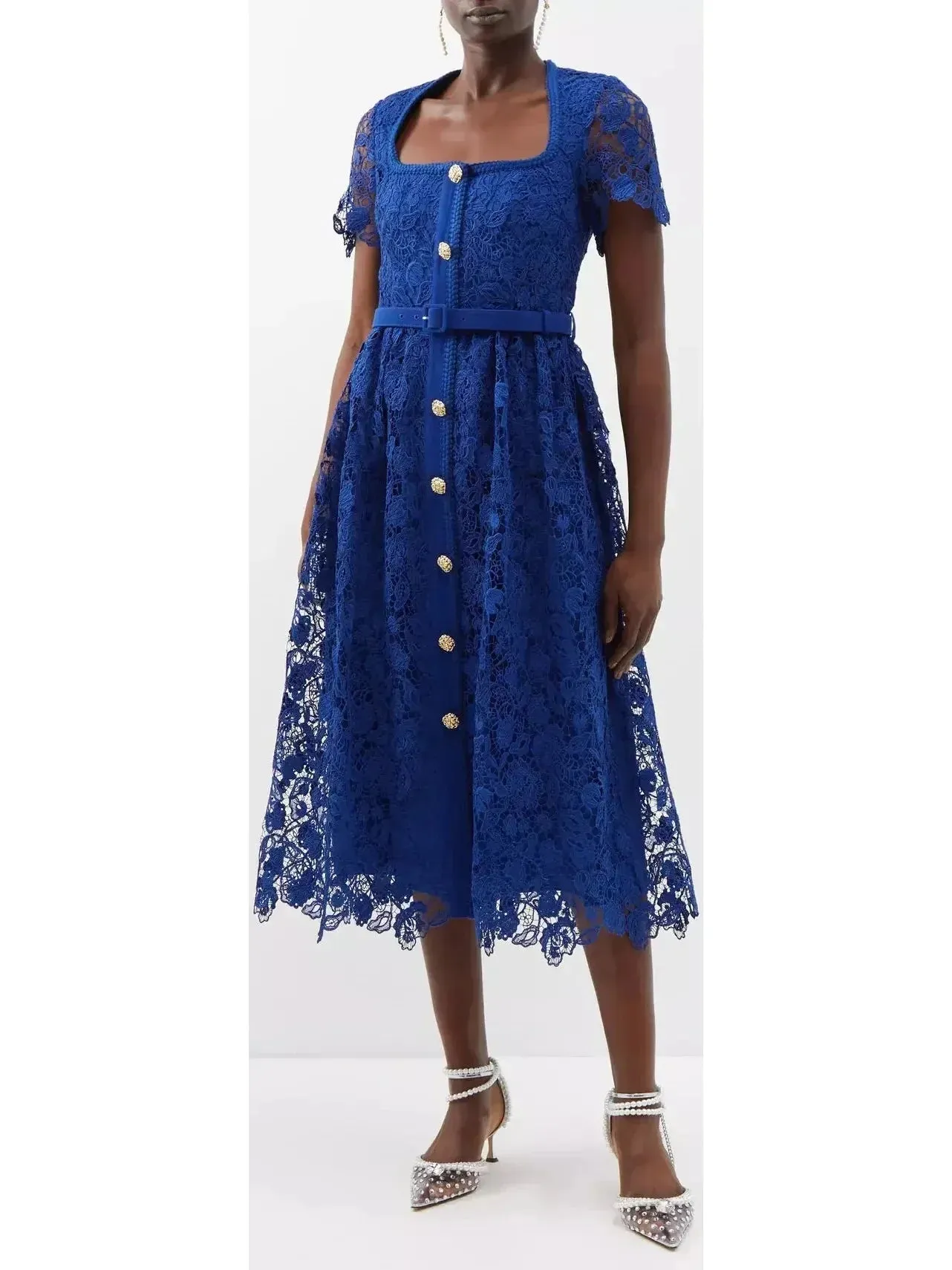 Belted Guipure-Lace Midi Dress, Blue