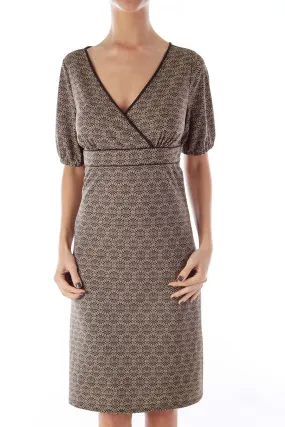 Black & Beige Print Wrap Dress