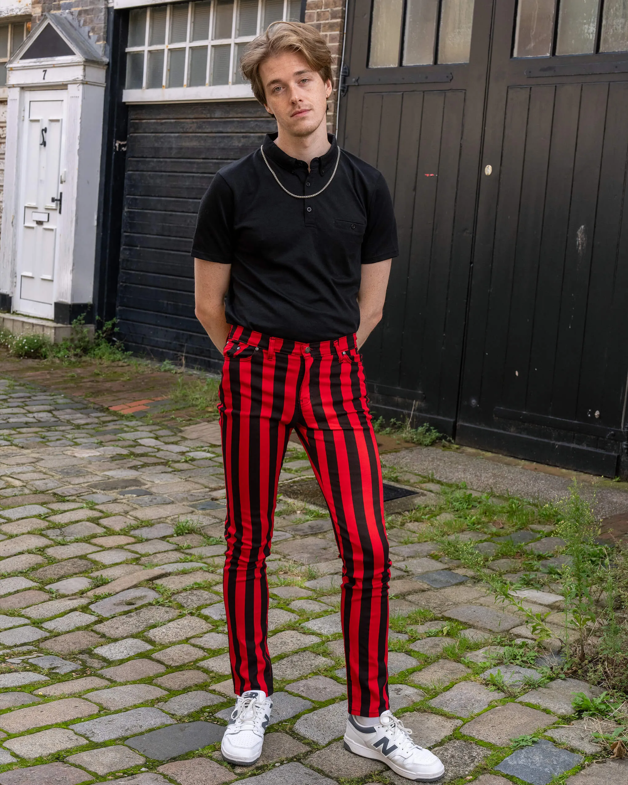 Black & Red 1" Striped Mid Rise Stretch Skinny Jeans