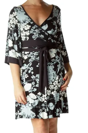 Black Blue Floral Bell Sleeve Wrap Dress