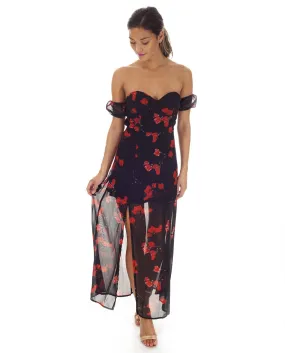 BLACK FLORAL OFF THE SHOULDER MIDI DRESS