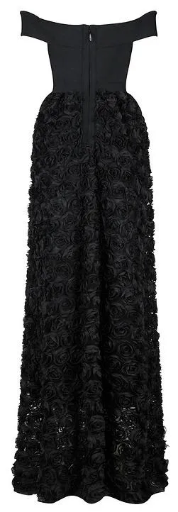 Black Off-the-Shoulder Stretch Floral-Appliques Maxi Dress