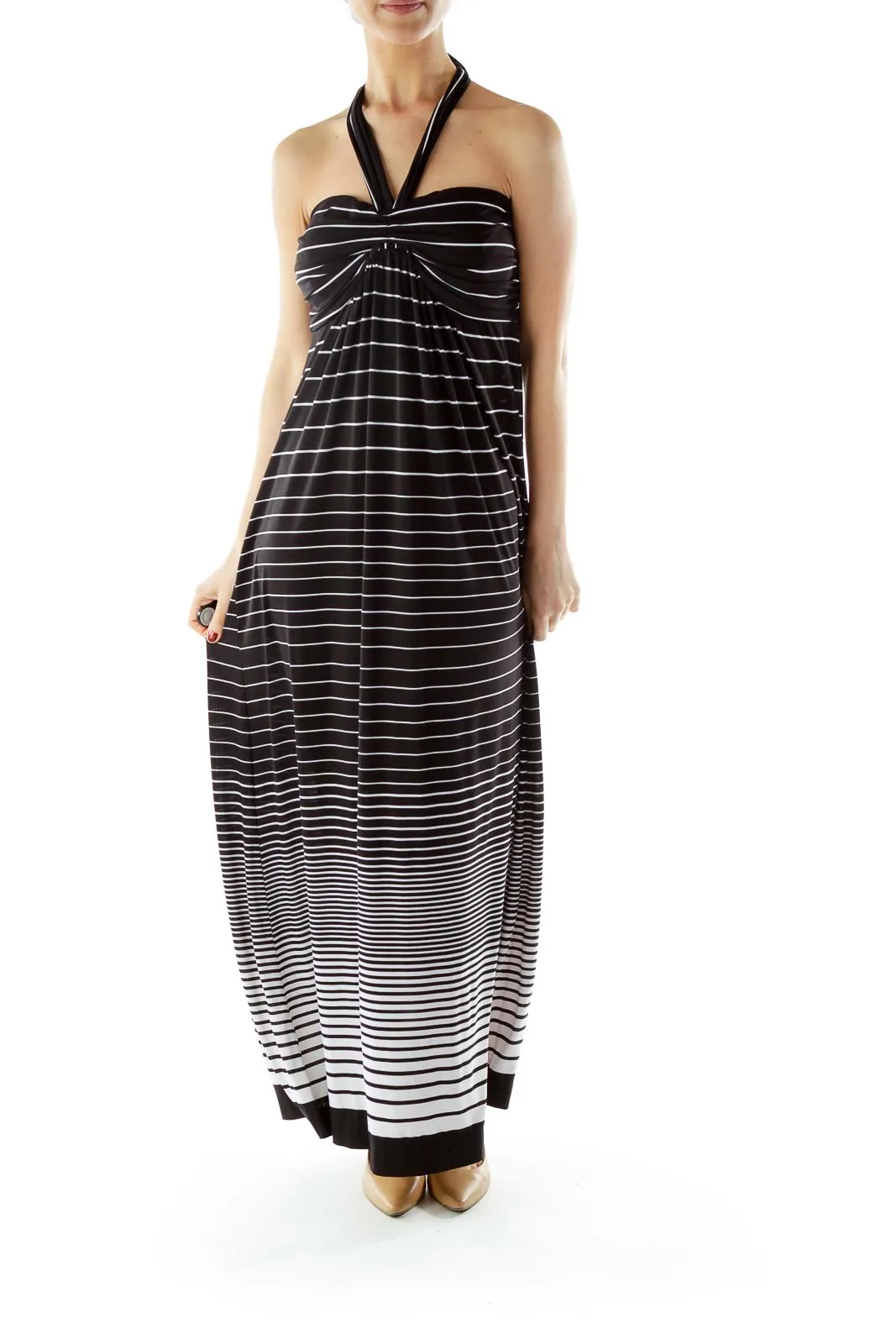 Black White Striped Halter Maxi Dress