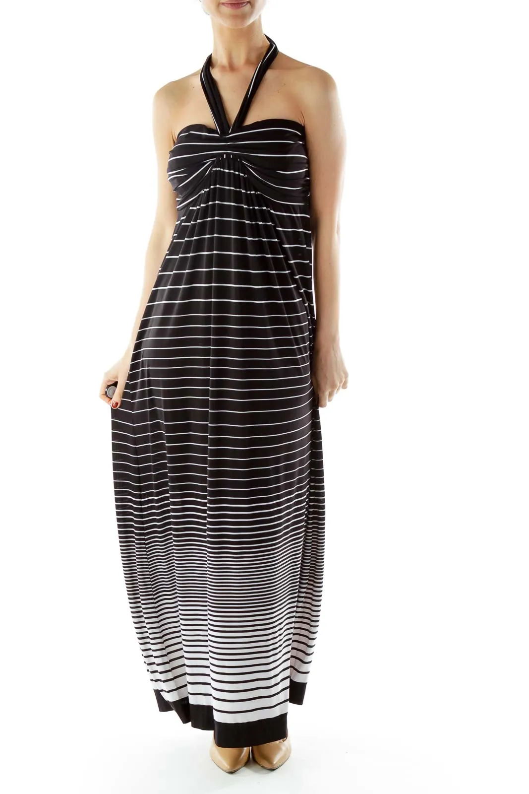 Black White Striped Halter Maxi Dress