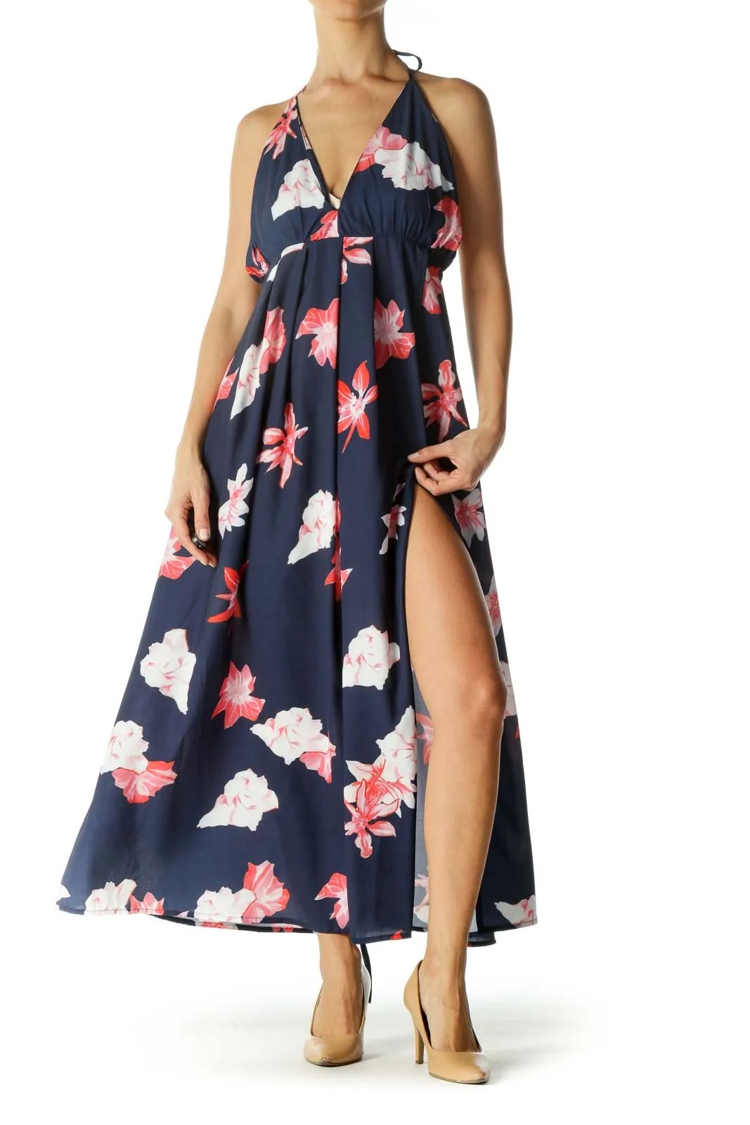 Blue And Pink Floral Halter Maxi Dress