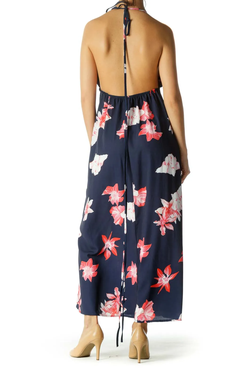 Blue And Pink Floral Halter Maxi Dress