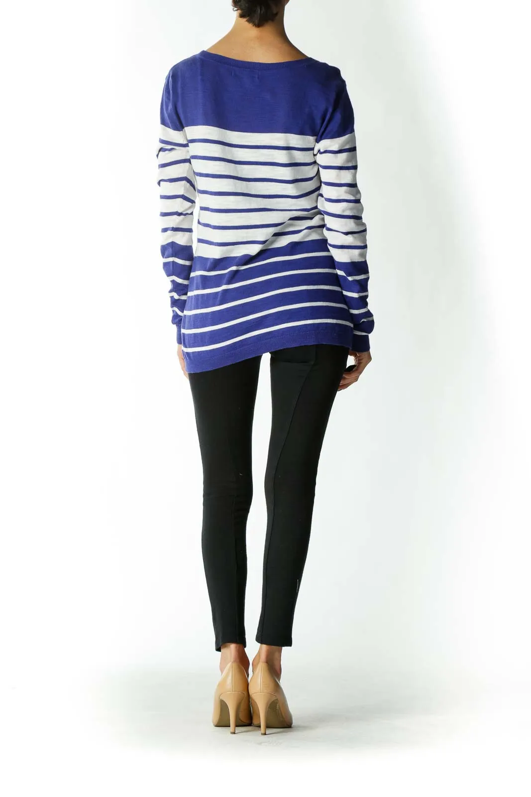 Blue and White Striped V-Neck Light-Weight Sweater