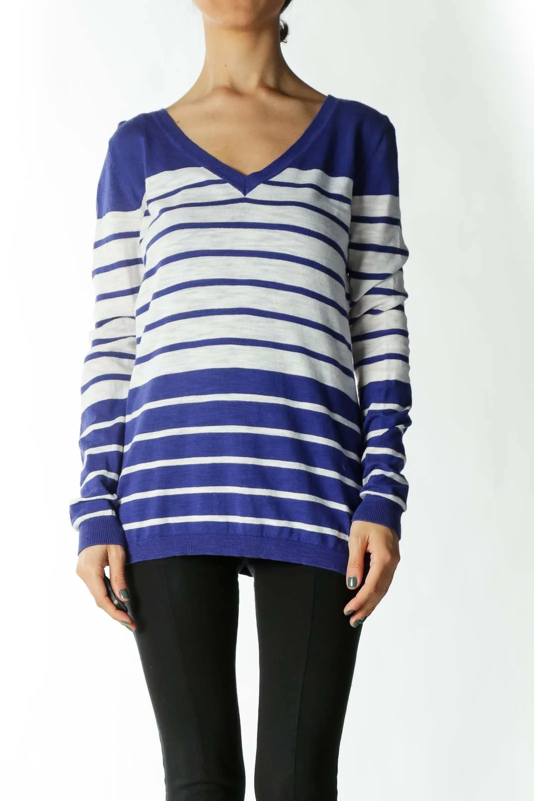 Blue and White Striped V-Neck Light-Weight Sweater