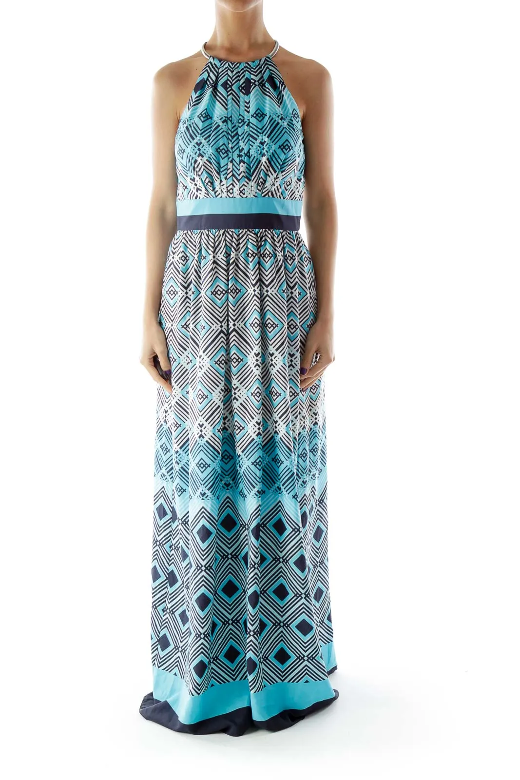 Blue Black White Geometric Print Maxi Dress with Metal Detail