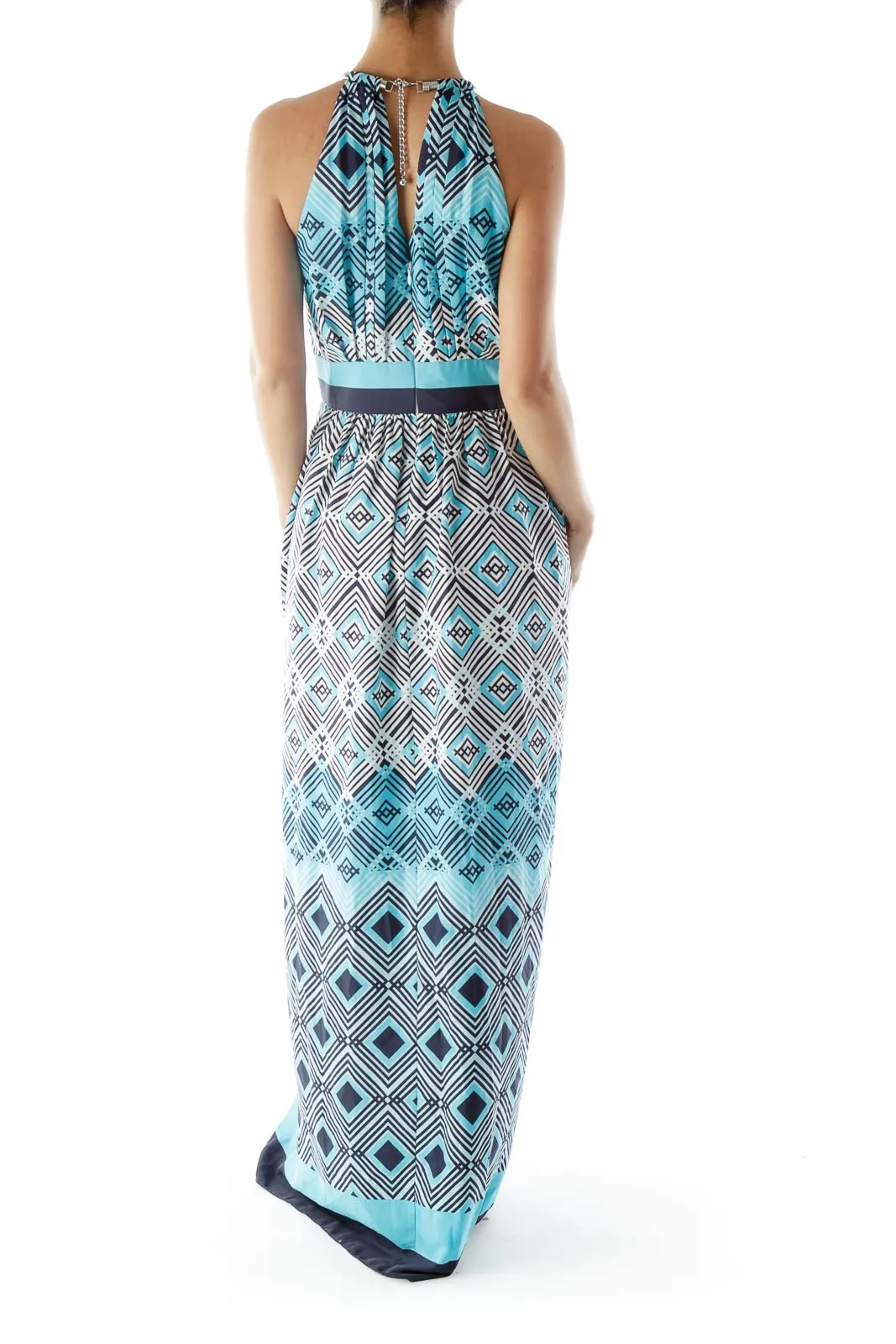 Blue Black White Geometric Print Maxi Dress with Metal Detail