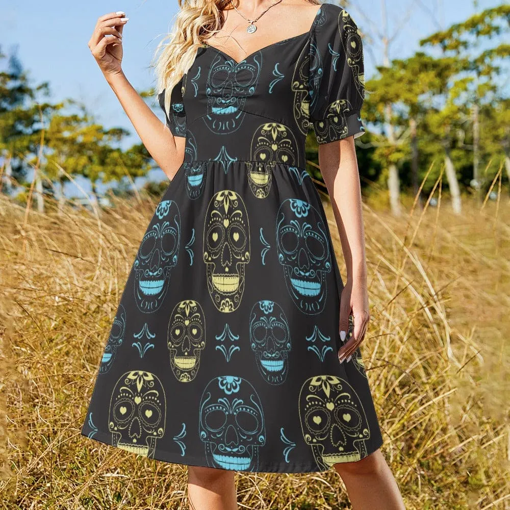 Blue Gold Skulls Sweetheart Puff Sleeve Dress