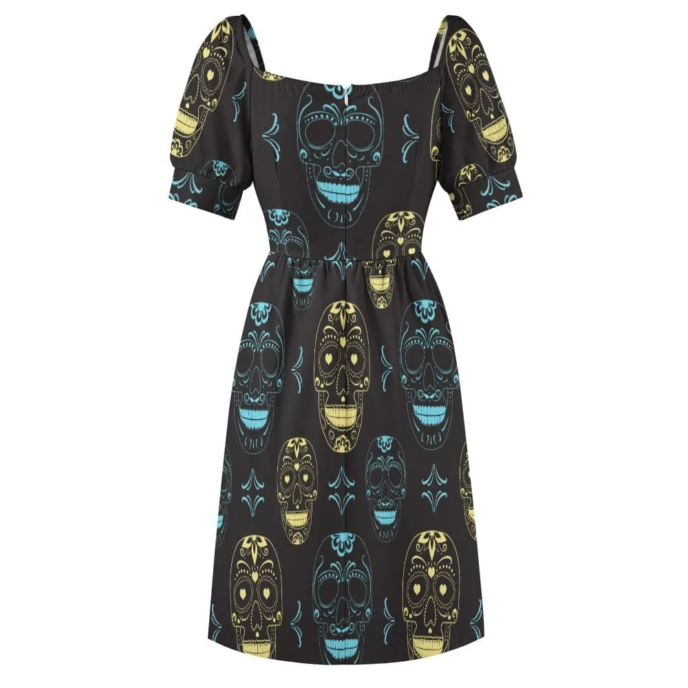 Blue Gold Skulls Sweetheart Puff Sleeve Dress