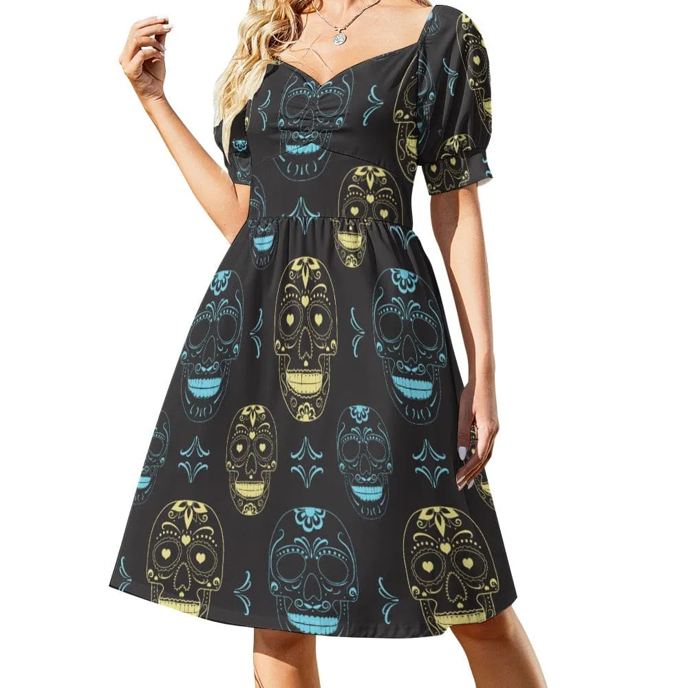 Blue Gold Skulls Sweetheart Puff Sleeve Dress