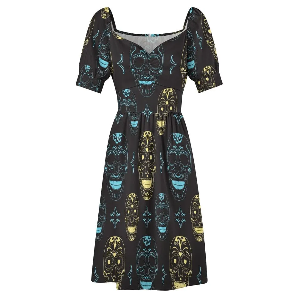 Blue Gold Skulls Sweetheart Puff Sleeve Dress