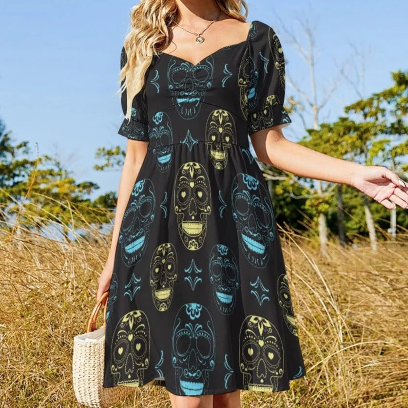 Blue Gold Skulls Sweetheart Puff Sleeve Dress