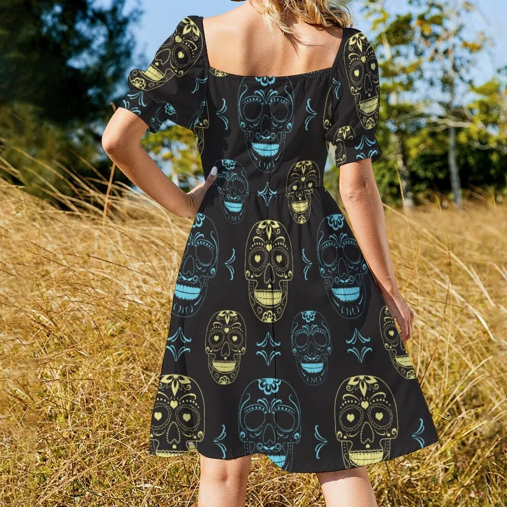 Blue Gold Skulls Sweetheart Puff Sleeve Dress