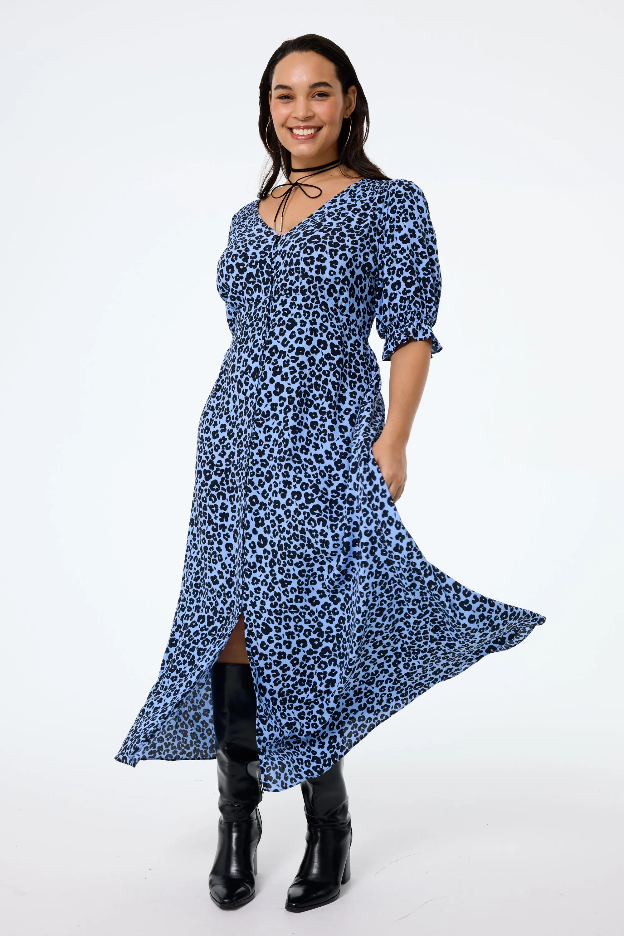 Blue with Black Floral Leopard Flute Sleeve Midi Tea Dress