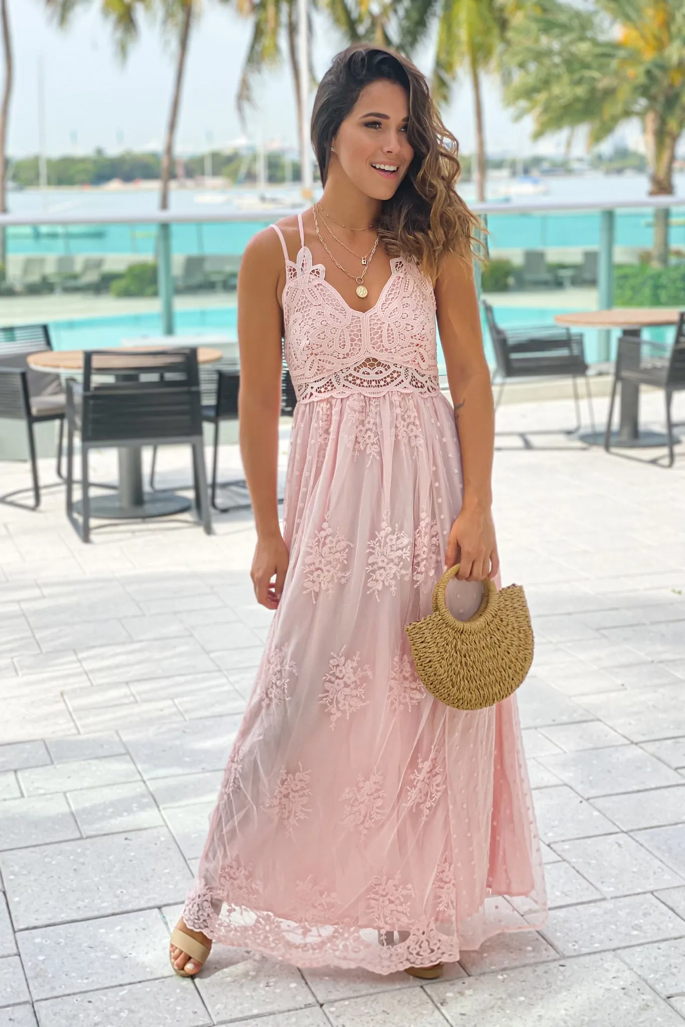 Blush Lace Maxi Dress With Crochet Top