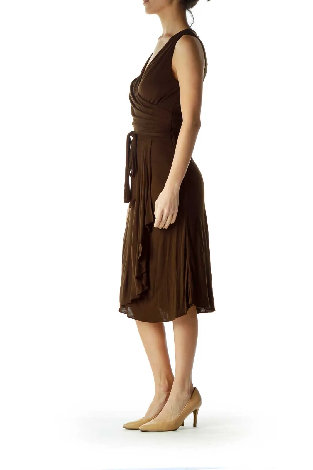 Brown Wrap Ruched A-Line Dress