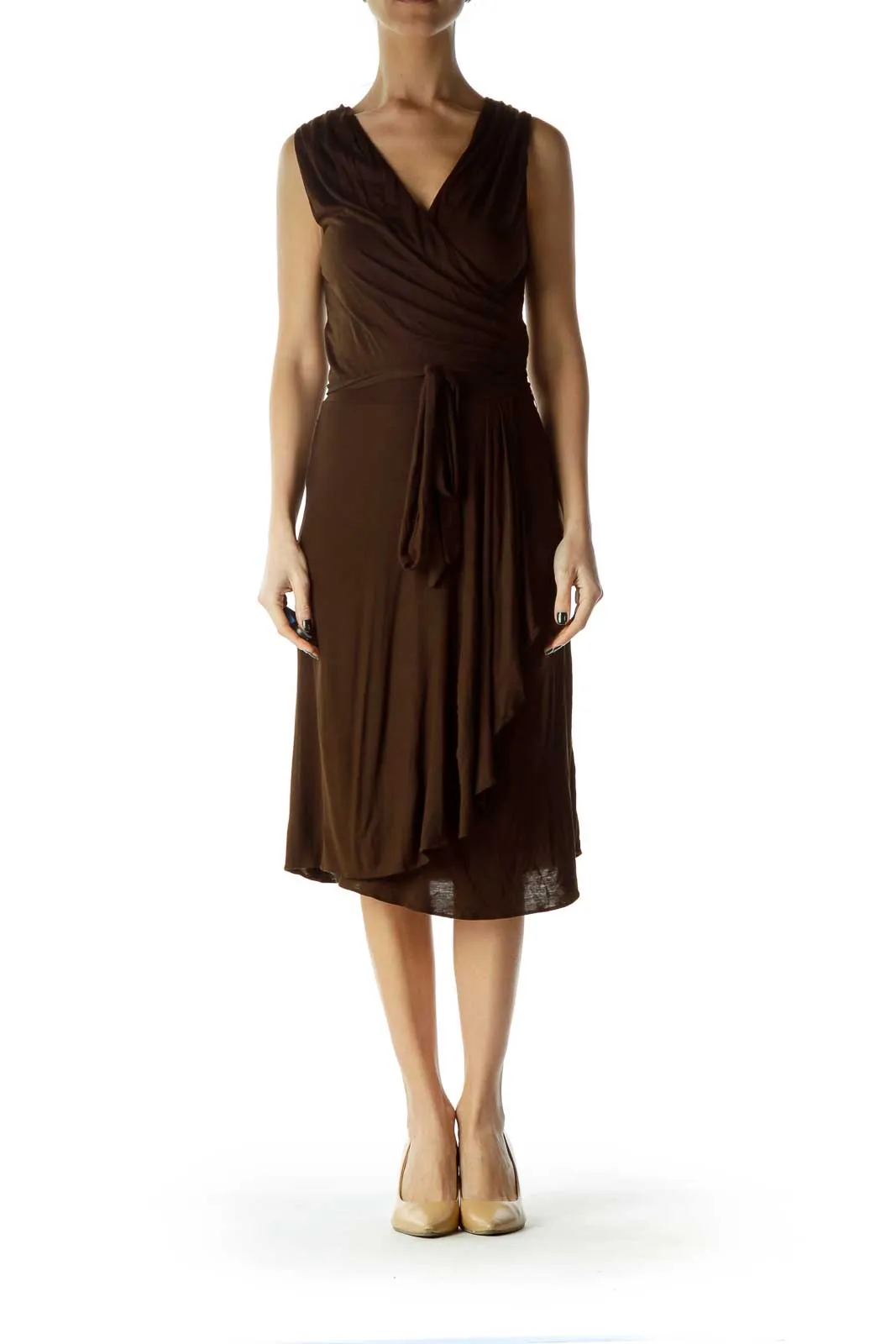 Brown Wrap Ruched A-Line Dress