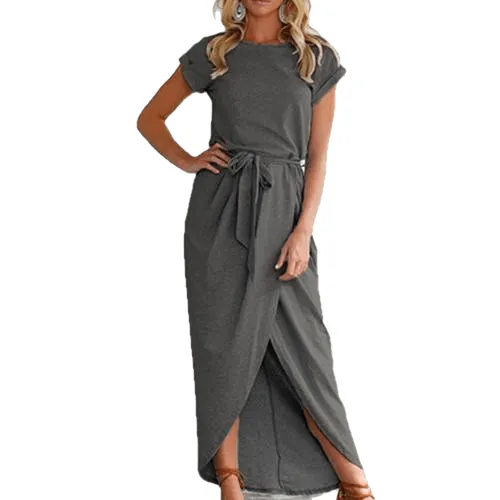 Casual Sexy O-Neck Ankle-Length Short Sleeve Irregular Party Long Dress