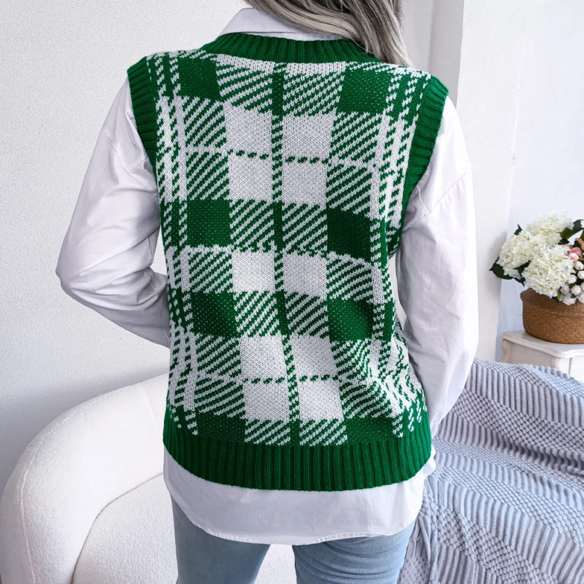 Colorblock Plaid Knit Vest