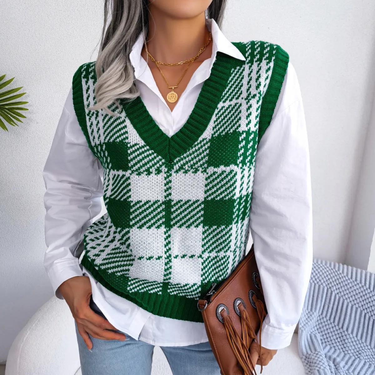 Colorblock Plaid Knit Vest