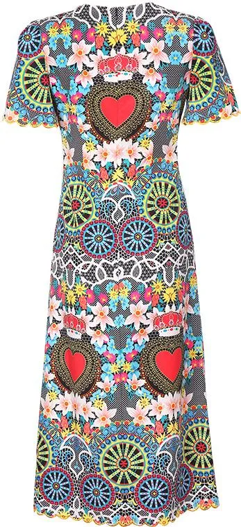 Colorful Printed Scalloped-Edge Midi Sheath Dress