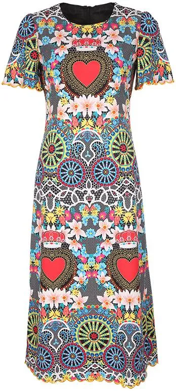 Colorful Printed Scalloped-Edge Midi Sheath Dress