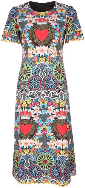 Colorful Printed Scalloped-Edge Midi Sheath Dress