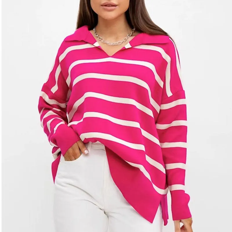 Contrast Striped Collared V Neck Drop Shoulder Split Hem Oversized Sweater